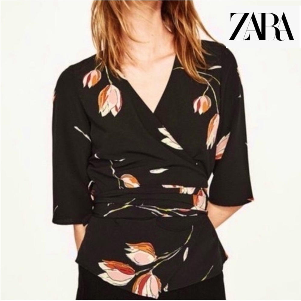 Zara Black Tulip Print Kimono Wrap Blouse in Size: Medium